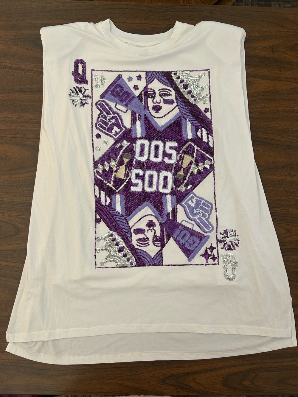QUEEN OF SPARKLES White Tunic dress with Purple Sequin Card Graphic